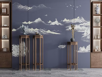 Traditional Chinese Wooden Flower Stand with Landscape Painting Background and Decorative Vases 3d model