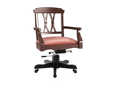 Traditional Wooden Cross Back Armchair With Red Leather Seat And Swivel Base 3d model