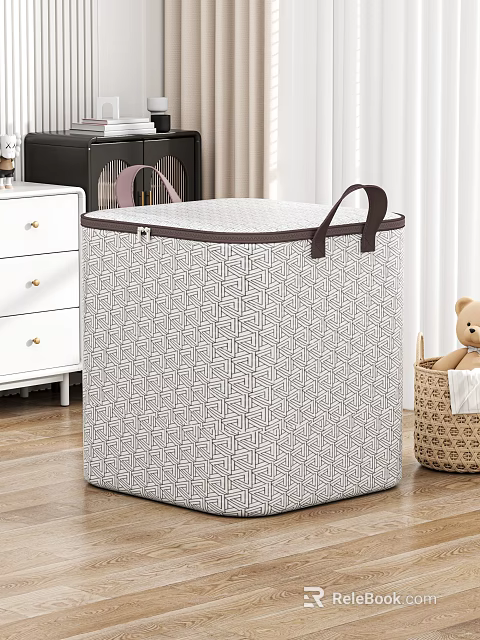 Fabric Storage Basket With Geometric Pattern Lid And Brown Handles For Home Organizing 3d model 