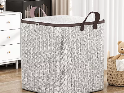 Fabric Storage Basket With Geometric Pattern Lid And Brown Handles For Home Organizing 3d model