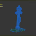 Blue Fire Hydrant With Red Top Standing On Green Grass Base