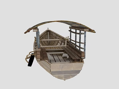 Traditional Wooden Boat Featuring Curved Roof Wooden Seats Railing And Structure 3d model