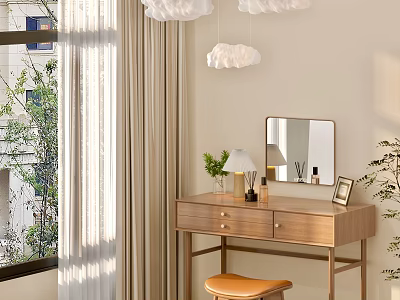 Sunlit Bedroom Interior With Wooden Vanity Mirror Cloud Pendant Lights And Green Plant 3d model