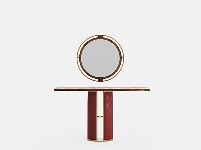Elegant Console Table With Circular Mirror Gold Frame Red Column And Wooden Top 3d model