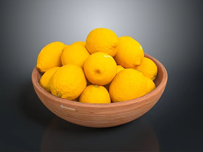 Vibrant Yellow Lemons Filled in a Handmade Wooden Bowl on Dark Table 3d model