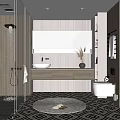 Modern Bathroom Interior Design With Shower Vanity Marble Countertop Wooden Cabinets And Geometric Tiled Floor