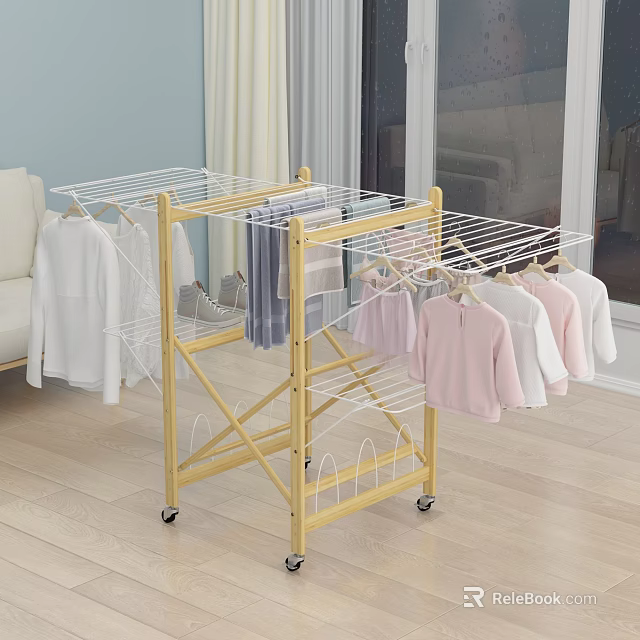 Yellow Foldable Multi Tiered Clothes Drying Rack With Wheels Hanging Clothes Indoor 3d model 