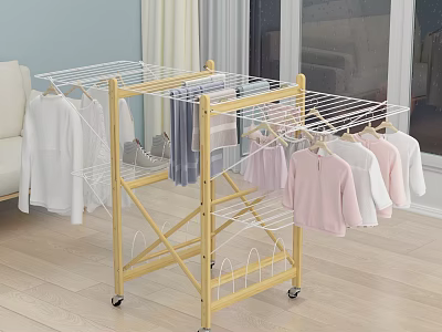 Yellow Foldable Multi Tiered Clothes Drying Rack With Wheels Hanging Clothes Indoor 3d model