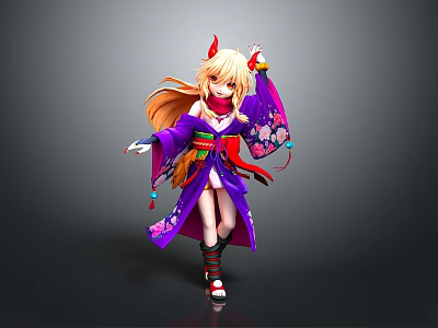 Game and Movie Character Wearing Purple Kimono With Orange Long Hair Red Horns Floral Patterns 3d model