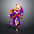 Game and Movie Character Wearing Purple Kimono With Orange Long Hair Red Horns Floral Patterns