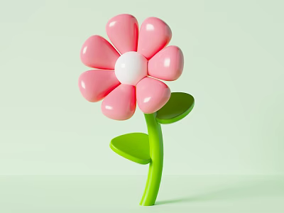 Floral Display with Pink Flower White Center Green Stem and Leaves on Pastel Background 3d model