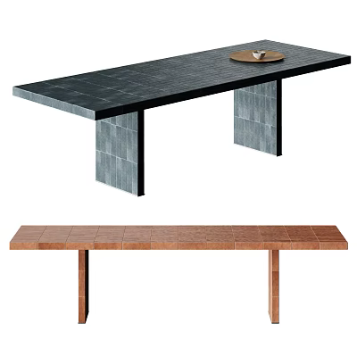 Modern Dining Table Designs With Black Slate Top Gray Column Legs And Brown Wooden Version 3d model