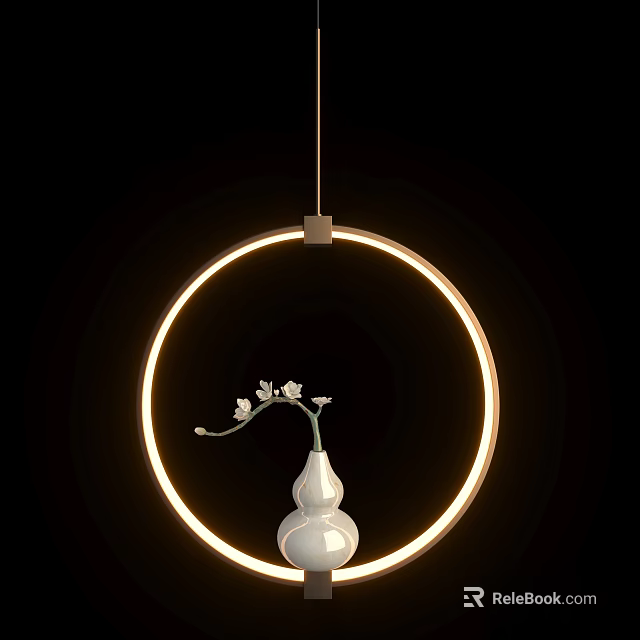 Warm Yellow Circular Pendant Light with White Vase and White Flowers against Black Background 3d model 