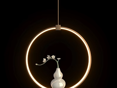 Warm Yellow Circular Pendant Light with White Vase and White Flowers against Black Background 3d model