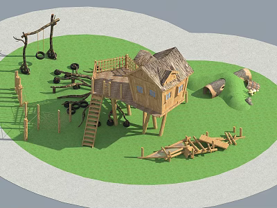 Park Landscape Featuring Wooden Treehouse Swings Climbing Frames And Green Lawn 3d model
