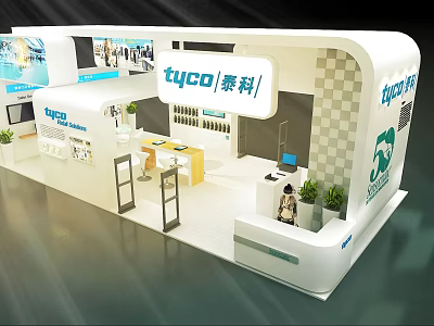 Tyco Exhibition Booth With White Modern Design Reception Desk Green Plants And Product Displays 3d model