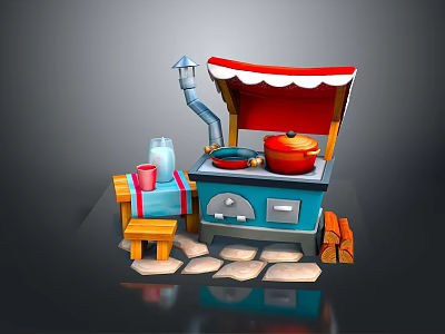 Cute Mini Kitchen Scene Components With Blue Stove Red Pot Chimney Stool Bottle And Cup 3d model