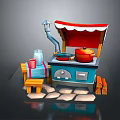 Cute Mini Kitchen Scene Components With Blue Stove Red Pot Chimney Stool Bottle And Cup