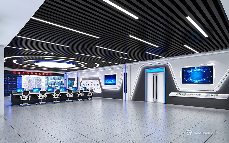 Modern Control Room Interior With Multiple Monitor Screens Control Desks And Ceiling Light Strips 3d model 