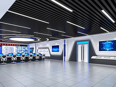 Modern Control Room Interior With Multiple Monitor Screens Control Desks And Ceiling Light Strips 3d model