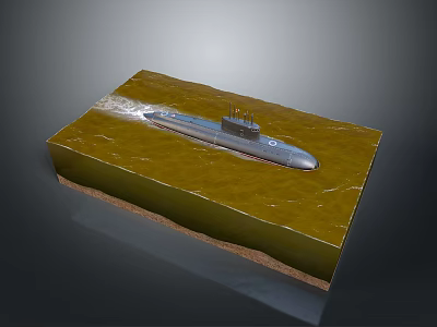 Detailed Submarine Model Display With Green Water Surface And Brown Seabed Scene 3d model