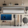 Modern Headphones and Speakers with Floor Standing Bookshelf Home Audio Setup