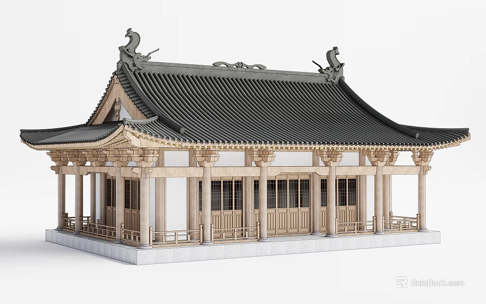 Chinese Ancient Architecture with Curved Black Tile Roof Overhanging Eaves Wooden Columns and Ornate Carvings 3d model 