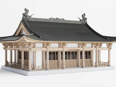 Chinese Ancient Architecture with Curved Black Tile Roof Overhanging Eaves Wooden Columns and Ornate Carvings 3d model