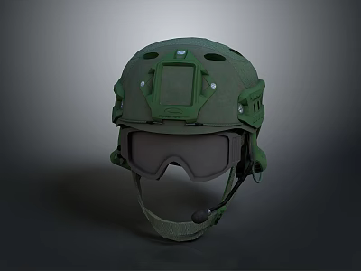 Tactical Green Weapon Helmet Equipped With Goggles And Microphone For Military Use 3d model