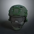 Tactical Green Weapon Helmet Equipped With Goggles And Microphone For Military Use 3d model