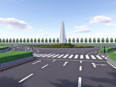 Serene Garden Landscape with Tower Monument Neatly Lined Trees Zebra Crossing Road and People Walking 3d model