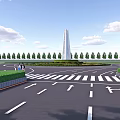 Serene Garden Landscape with Tower Monument Neatly Lined Trees Zebra Crossing Road and People Walking