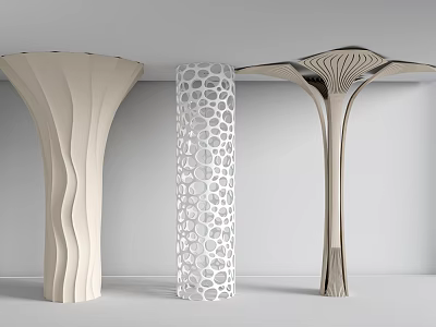 Three Decorative Columns With Beige Wavy Texture White Hollow Circular Patterns And Metallic Petal Top 3d model