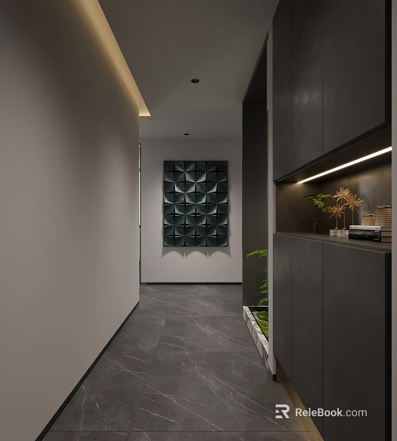 Contemporary Corridor Design Featuring Gray Walls Dark Cabinets Gray Tiled Floor And Geometric Panel 3d model 
