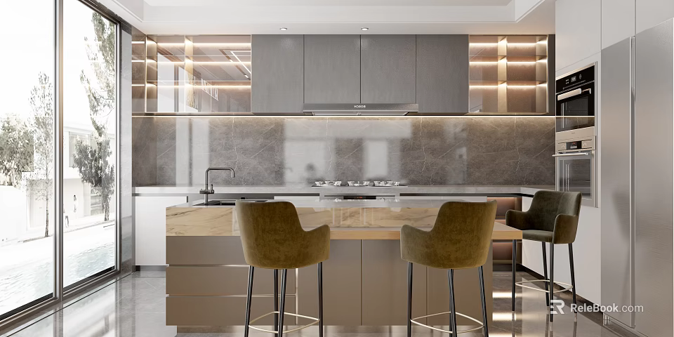 Modern Kitchen Interior With Grey Cabinets Marble Island Beige Bar Stools And Ambient Lighting 3d model 