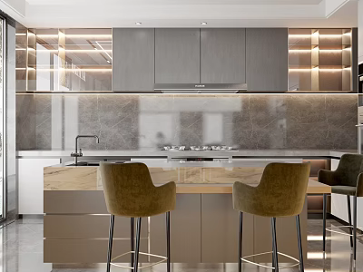 Modern Kitchen Interior With Grey Cabinets Marble Island Beige Bar Stools And Ambient Lighting 3d model