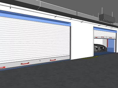 Modern Garage Exterior With White Roller Doors Open Entry And Car Inside 3d model