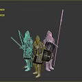 Three Medieval Knights In Shining Armor Holding Swords Spears And Shields On Gray Background