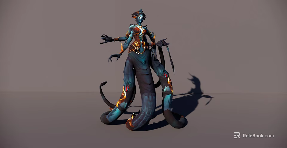 3D Rendered Game Movie Character Cybernetic Biological Hybrid Blue Orange Multiple Limbs Tail Dynamic Pose 3d model 