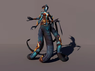 3D Rendered Game Movie Character Cybernetic Biological Hybrid Blue Orange Multiple Limbs Tail Dynamic Pose 3d model