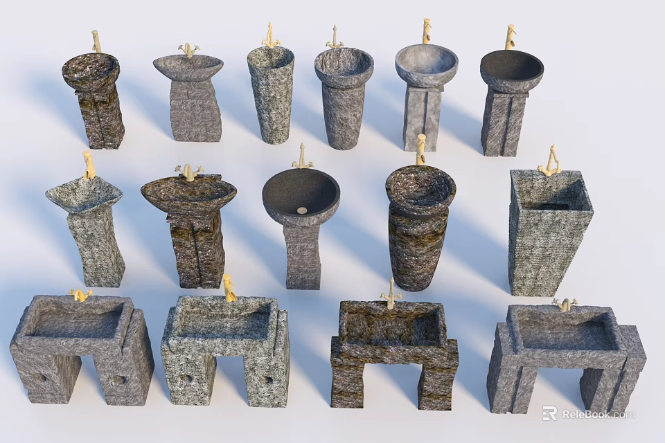 Rustic Natural Stone Washbasins With Various Pedestal And Double Basin Designs 3d model 