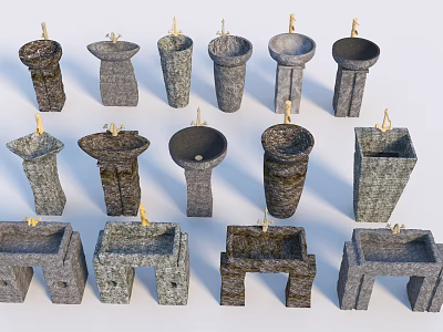 Rustic Natural Stone Washbasins With Various Pedestal And Double Basin Designs 3d model