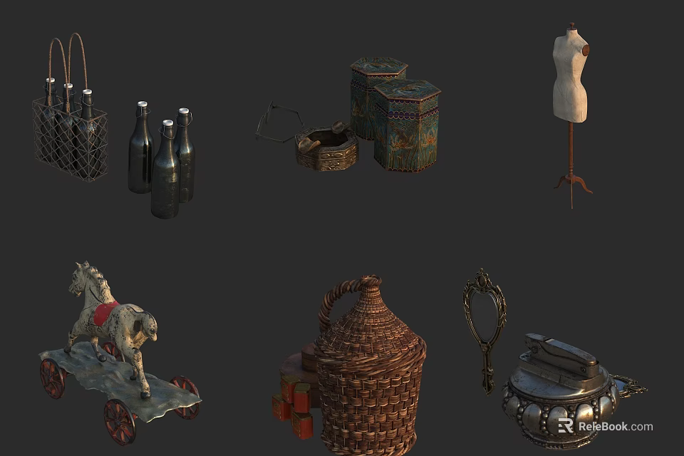 Intricate Hand Carved Wooden Horse Sculpture with Woven Baskets and Decorative Bottles 3d model 