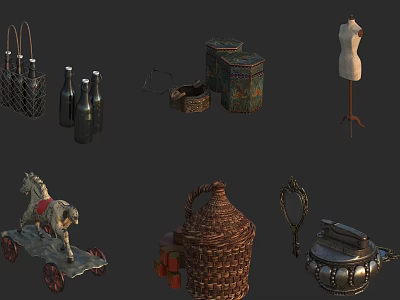 Intricate Hand Carved Wooden Horse Sculpture with Woven Baskets and Decorative Bottles 3d model