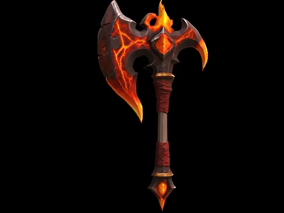 Flaming Lava Enchanted Axe Weapon Design With Fiery Details And Red Handle 3d model