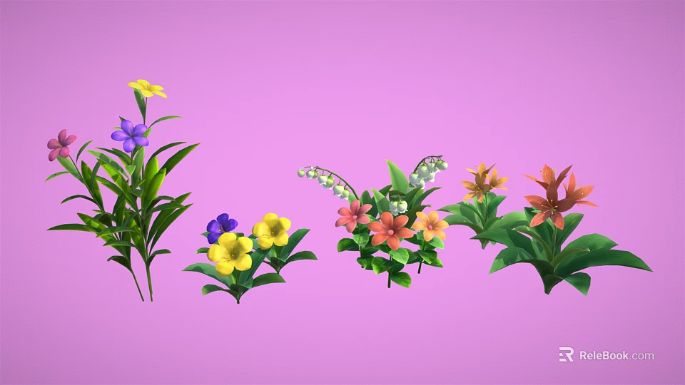 Colorful Flowering Plants With Green Leaves In Various Colors On Pink Background 3d model 