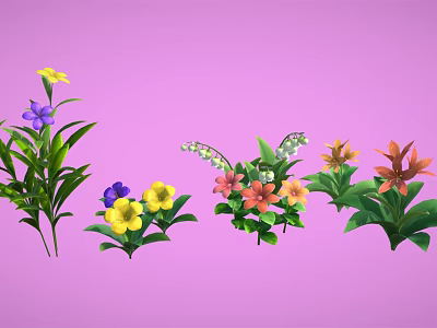 Colorful Flowering Plants With Green Leaves In Various Colors On Pink Background 3d model