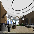 Modern Lounge Area Interior With Wooden Decor Circular Ceiling Large Windows And Cozy Sofas