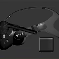HTC VR Headset With Controllers And Tracking Sensors On Dark Surface 3d model