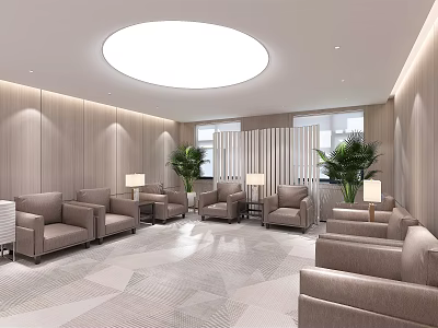 Modern Lounge Area Interior With Circular Ceiling Light Wooden Walls Sofas And Green Plants 3d model